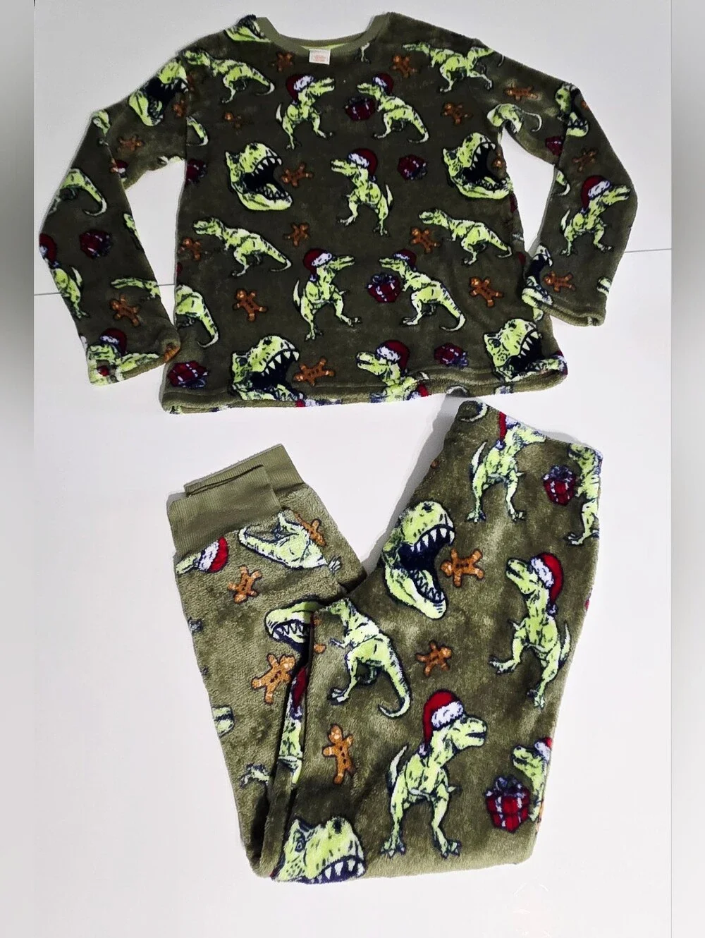Cat & Jack Boys XL 14 Christmas Dinosaur Fleece Pajama Set T-Rex Holiday PJs